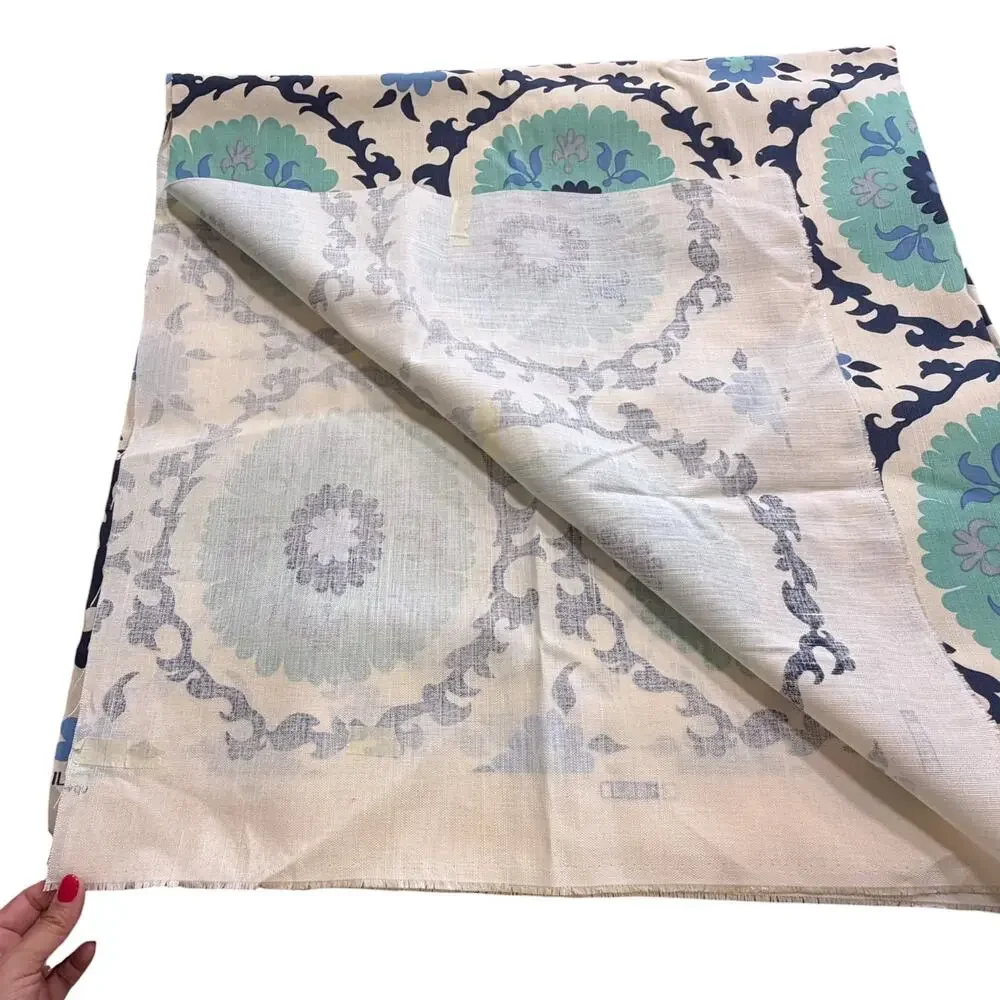 Vtg Quadrille Suzani Medallion Fabric Remnant 3 1/8 Yd Teal Aqua Blue Off White